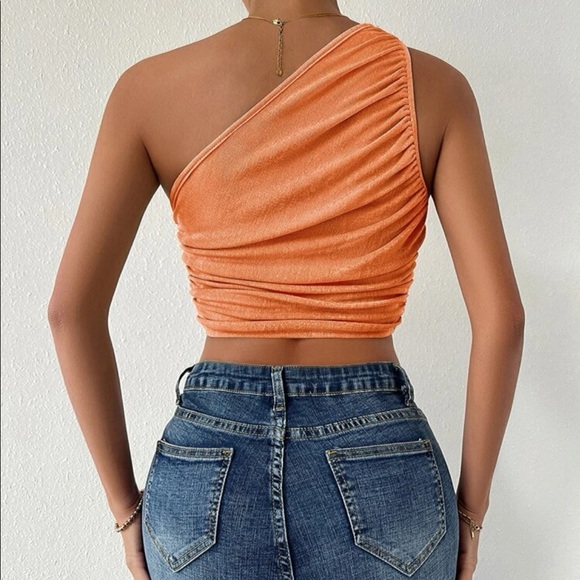 NWOT | One shoulder Ruched Crop Top | Coral Orange - Picture 3 of 3